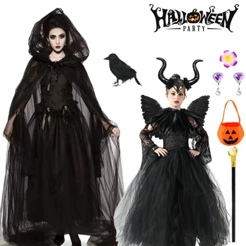Halloween Cosplay Costum Rochie Neagră Lungă Rochie de Femei Moarte Naiba Vrăjitoare Rele Vampir Fete Uniforme Ziua Morților Opera Costum