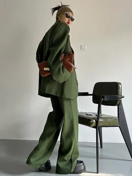 [MEM] Pantaloni Largi Picior, de Culoare Verde-bloc de Dimensiune Mare, un Costum Nou Rever Maneca Lunga Femei Moda Primavara Toamna anului 2023 1DF0084