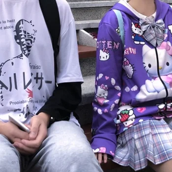 Sanrio Hello Kitty Haine Femei, Primavara Hanorace Lolita Fata de Moda Strat Subțire Harajuku Mov Tricou Y2k Topuri Zip-up Tricouri