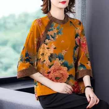 2022 chineză epocă cheongsam bluza floral flori qipao tricou cheongsam top retro chineză tradițională satin qipao tang costum