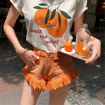 Orange Ciucure Mozaic Mijlocul Talie Buzunare Din Denim Pantaloni Scurți Sexy Gotic High Street Femei Blugi Scurte Harajuku Sălbatice Haine De Vară