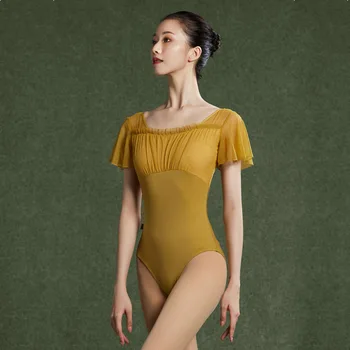 Balet Tricou Femei Volane Maneca Plasă De Îmbinare Balerina Pentru Dans Gimnastica De Costume De Baie Costum De Dans