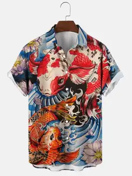Molilulu Moda pentru Bărbați Îmbrăcăminte de Epocă Pește Koi Print Casual Respirabil Mânecă Scurtă Cămașă Hawaiană