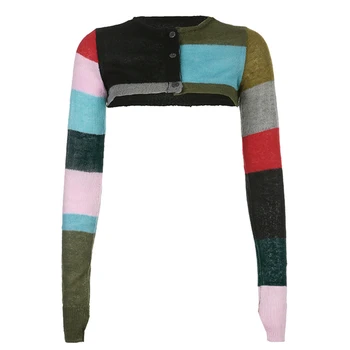 2000 Grunge Zână de Bază a Culturilor Topuri Femeile Mozaic de Culori cu Contrast Cardigan cu Maneci Lungi Tricou y2k Haine Tricotate Streetwear