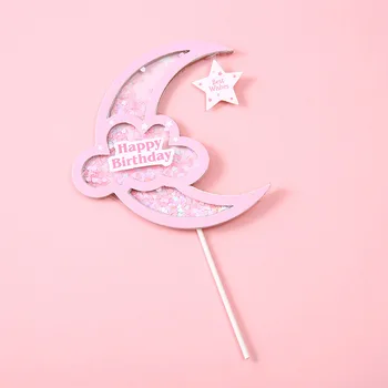 Cake Topper Sequin Pink Moon Star Fericit Ziua de Nunta de Decorare Giltter Galben Albastru Cupcake Decor Petrecere de Copt Consumabile DIY