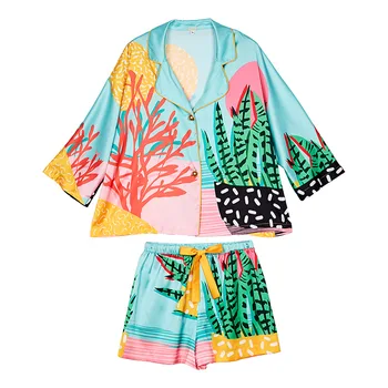 Noi Femeile Pijama Set Mână-Trase De Artă Plante Tropicale Pyjama Set De Mătase Ca Îmbrăcăminte De Noapte Pantaloni Scurți Acasă Purta Haine Sleepwear Homewear
