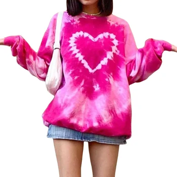 Femeile Tie Dye Pulover Topuri de Moda Supradimensionate Roz Dragoste Inima de Imprimare Hanorace E-Fetele Liber Casual cu Maneca Lunga O-gât Jachete