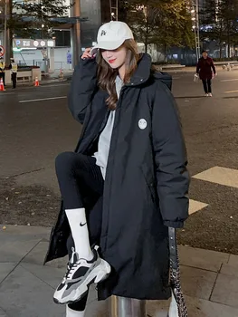 Femei Sacou Negru cu Gluga Bumbac Lungi Haine de Iarna Cald Îngroșa Windproof Moda coreeană Liber Palton Supradimensionat Topuri