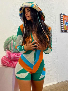 Sibybo Geometrie Mozaic Tricot Costum Femei de Vara cu Maneca Lunga Bodycon Biker Scurte Salopete Femme Guler de Turn-down Salopetă
