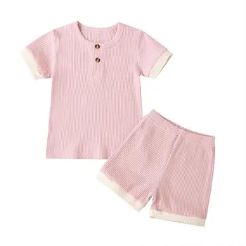 2021 Vara Copii Cu Nervuri Pijamale Baieti Fete Pijamale Copii Cu Maneci Scurte Set Top + Pantaloni Tinutele Casual Copilul De Îmbrăcăminte