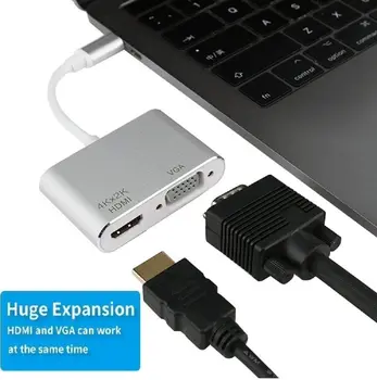 C USB la HDMI Adaptor VGA,Tip C (Compatibil Thunderbolt 3) la HDMI 4K+Convertor VGA Adaptor Dual monitor 2-în-1 mini converter