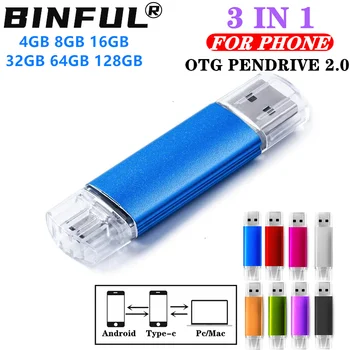 BINFUL Mini 3IN1 Tip c pen drive 32GB 64G cle Mirco Telefon 128GB de mare viteză pendrive 8G 16G unitate flash de memorie usb OTG usb stick