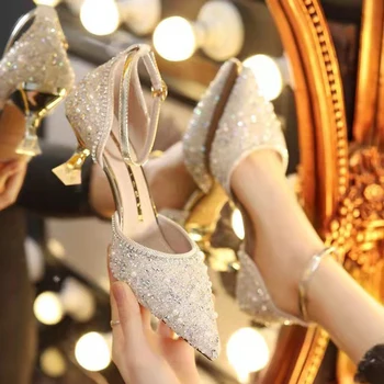 Elegant Doamnelor Pompe de Curea Glezna Tocuri de Cristal Nunta, Pantofi de Mireasa pentru Femei 2022 Primăvară a Subliniat Toe Pompe de Lux Femeie