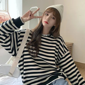 Coreeană hoodies femei harajuku dungă subțire Tricou Maneca Lunga supradimensionate hanorac negru Streetwear goth y2k Topuri haine de sex feminin