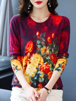 Imprimarea Pulovere pentru Femei Primavara Toamna Moda coreeană Pulover Maneca Lunga de Sus Femme Moale O de Gât Tricotate Pulover Slim