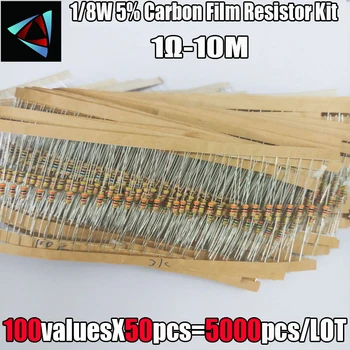 1/8W 5% 1R~1M 100Valuesx50Pcs=5000Pcs 0.125 W Rezistor Peliculă de Carbon Asortate Kit