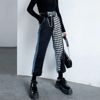 2021 Nouă Primăvară de Toamnă Streetwear Femeie de Moda de Epocă Carouri Despicare Midi Talie Vrac Blugi Drepte Contrast Pantaloni pentru Femei
