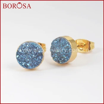 BOROSA Design 5Pair/lot Mix-Culoare Agate Cercei de Aur de Moda de Culoare 8mm Rotund Naturale Cristal Titanium Druzy Stud Cercel G0889