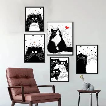 Alb și negru Pisici Tablouri Canvas Animale, Desene animate, Iubitor de Pisoi Postere si Printuri de Arta de Perete Copii Imagine de Cameră Decor