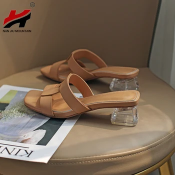 2022 Vara Femei Sandale Papuci Simplu Culoare Solidă Sandale Pătrați De Cristal Toc Low-Toc Femeie Pantofi De Piele De Oaie