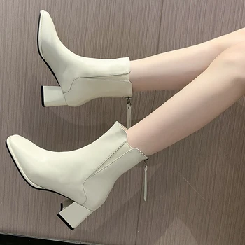 2022 Nou Stil Doamnelor Laterale Cu Fermoar Confortabil La Mijlocul Toc Glezna Cizme De Moda Pantofi Cald Iarna Alb-Negru Cizme Pentru Femei Botas Mujer