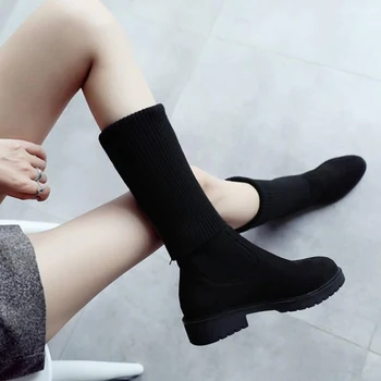 Femei Cizme Înalte 2019 Toamna Iarna Tricotat Lână Peste Genunchi Cizme Femei de Iarna Pantofi Negru Cizme Lungi Doamnelor Pantofi de Cald