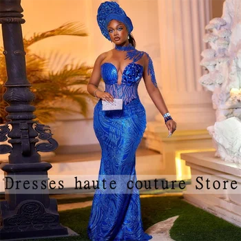 Aso Ebi Stil Albastru Regal Pe Un Umăr Rochii De Seara 2023 Femeile Africane Margele Sirena La Bal Rochie Plus Dimensiune Personalizat