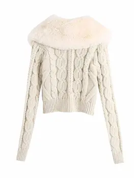 XNWMNZ Femei 2020 Moda contrast knit faux blana haina rever guler Cardigan Vintage Maneca Lunga Femei Îmbrăcăminte exterioară Topuri Chic