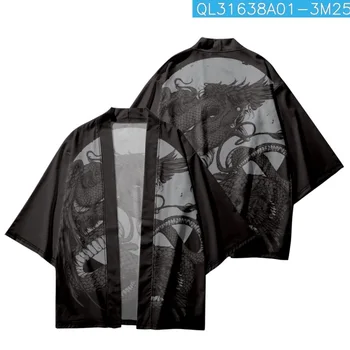 Harakuju Samurai Black Snake Print Kimono-Uri Și Pantaloni Scurți Costum Haori Yukata Kimono Japonez Cardigan Barbati Tricou Din Asia De Streetwear