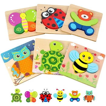 3D din Lemn, Puzzle-uri cu Animale Joc de Învățare Timpurie Jucării de Desene animate Cunoaștere Joc de Puzzle pentru Copii Puzzle-uri Pentru Copii Jucarii Montessori