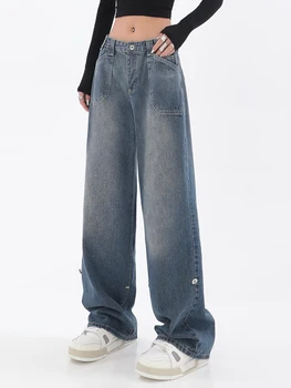 Plus Dimensiune Femei Blugi Streetwear Vintage Chic Design Casual Largi Picior Denim Pantaloni Cu Talie Înaltă Drepte Largi De Moda Jean Pantaloni