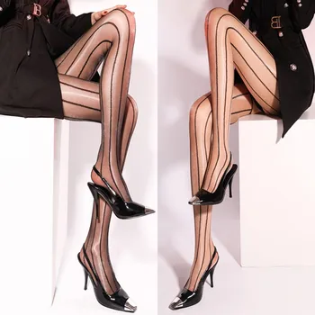 Retro Ulei Stralucitor Femei Sexy Vedea Prin Chilot Cu Dungi Verticale, Model Imprimat Dresuri Deschis Picioare Coapsei Mare Ciorapi De Mătase