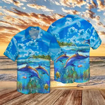 PLstar Cosmos 2022 Fierbinte de Vară Scurt, Camasi cu maneca Delfinii Sub Mare 3D Imprimate Hawaii Shirt Mens Casual de Plajă, tricouri CY-12