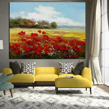 Print Abstract Sălbatice Flori Roșii Maci Peisaj Pictura in Ulei pe Panza Moderne Pastorală Poster de Arta de Perete de Imagine pentru Camera de zi