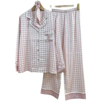 QWEEK Houndstooth Pijamale femeii Cardigan Costume cu Pantaloni Roz Negru Body Două Bucata Set Pijamale Satin Transport Gratuit