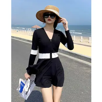 2022 Nou Stil Coreean Cu Fermoar-O Singură Bucată De Costume De Baie Femei Costume De Baie Solid Mâneci Lungi Monokini Cutat Costum De Baie Pad Costum De Baie