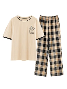 GCAROL Femei Pijama 2 Buc Seturi de Bumbac T-shirt Talie Elastic Lungime de Glezna Pantaloni Desene animate Carouri Sweet Home Haine Pot purta în Afara