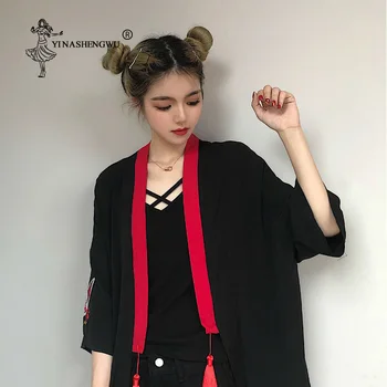 Kimono Japonez Femeie Japonez Harajuku Tricouri Brodate Bluze Fox Vrac Top Casual Kimono Cosplay Kimono Negru Cu Curea