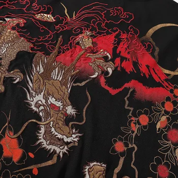 Noi Japonez marca tide broderie Lung Fu Shi pictat Muntele Fuji Yokosuka personalitate stil Chinezesc cu mânecă scurtă T-shirt de sex masculin