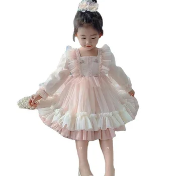 Moda coreeană Fete Autumn Princess Dress 2022 Noi pentru Copii cu Maneci Lungi Brodate Dantelă Ochiurilor Rochie pentru Ziua de nastere