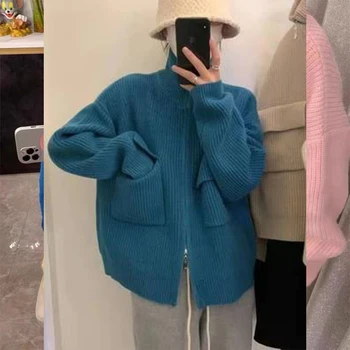 Coreeană de Moda pentru Femei de Tricotat Pulover cu Fermoar Stand de Guler Mâneci Lungi Largi Casual Cardigan Doamnelor Îmbrăcăminte exterioară Topuri Toamna