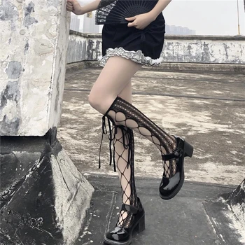 Japoneze Gol Genunchi Șosete Mari Gotice Ciorapi Șosete Lungi Kawaii Lolita Din Dantela Neagra Plasă De Vițel Șosete Femeie Bandaj Genunchi Șosete