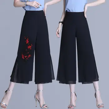 2022 Femei coreea Style Moda Pantaloni cu Talie Înaltă Casual Pantaloni Largi Picior Sifon Brodate Spodnie Pantalones De Mujer 4XL