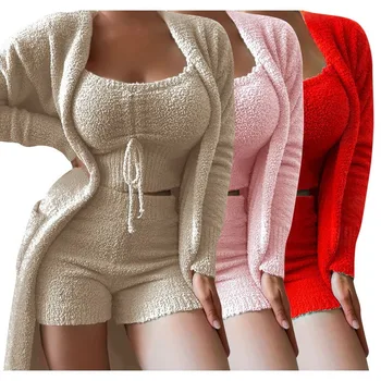 Noua Toamna Iarna Femei Catifea Set de Pijama Crop Top+Pantaloni Lungi+Strat 3 Piese Costum Cald Fleece Moale Homewear Pijamale S-3XL