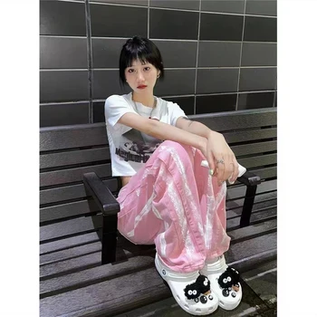 Roz Talie Inalta Blugi Largi Drepte Largi Pantaloni Largi Picior Estetic Feminin Y2k Moda Coreeană Tie Dye Pantaloni Din Denim Pentru Femei