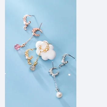 MloveAcc Stil coreean CZ Perla Lună și Stele Cercei pentru Femei de Moda de Argint 925 Bijuterii Fine Stud pentru Nunta