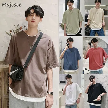 Oamenii de 5 Sfert Maneca tricouri Plus Dimensiune Mozaic All-meci Stil coreean Harajuku Streetwear Casual Nou Ulzzang de zi cu Zi Liber Albastru