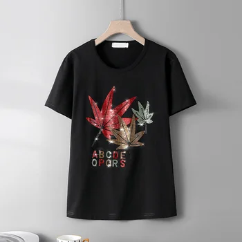 Cool de Vară de Moda Noua negru cu maneci T-shirt de personalitate de sex feminin frunze de Arțar Model Hot de diamante în Vrac Casual femei topuri