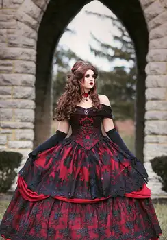 Gotic Belle Roșu Negru Dantelă Rochie de Mireasa Vintage Lace-up Corset fara Bretele Niveluri de Frumusete de Pe Umăr Plus Dimensiunea Rochie de Mireasă