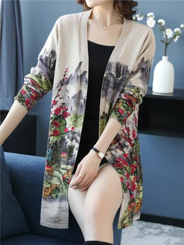Femei Cardigan Lung De Toamnă De Primăvară De Imprimare Florale Pulovere Tricotate De Sus Moda Coreeană V Gât Moale Cardigane Femei